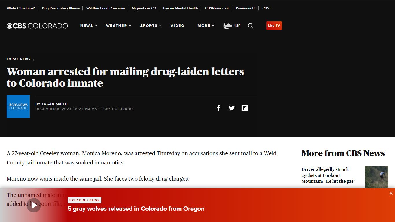 Woman arrested for mailing drug-laiden letters to Colorado inmate